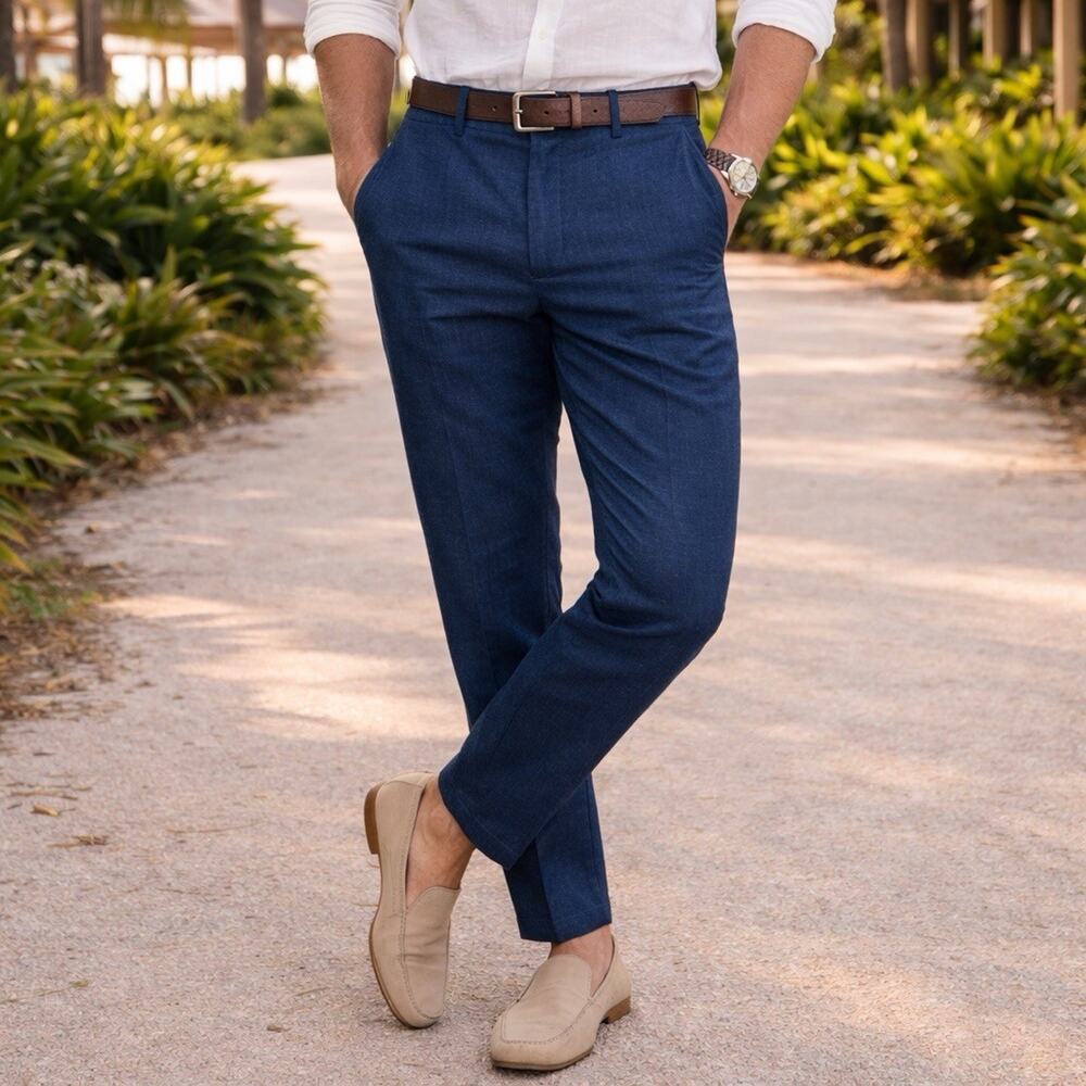 Palm Beach Mens Blue Oxford Pants 36R Flat Front Tapered Delave Linen Trouser